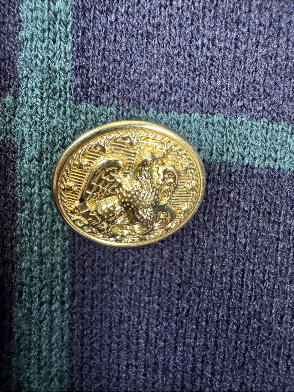 Anne Klein XL Navy Green Windowpane Sweater Blazer Gold Crest Buttons Equestrian - Picture 7 of 11